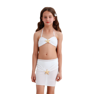 Set bikini HDJ per ragazze con gonna e decorazioni a forma di stella marina, costume da bagno bianco per outfit estivo da spiaggia - Product Image 1