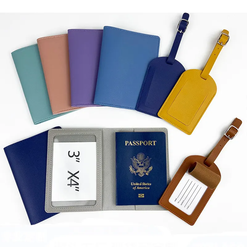 Disesuaikan Logo pribadi kualitas tinggi Pu kulit pemegang paspor dan Set penanda bagasi untuk perjalanan hadiah pernikahan