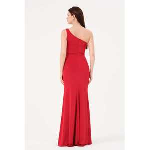 Robe de soirée élégante asymétrique en satin rouge, coupe moulante et taille naturelle, idéale pour les événements formels - Product Image 2