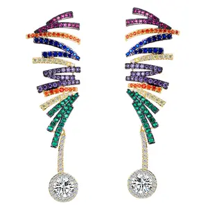 Statement Rainbow Cubic Zircon Pave Random Line Drawing Symmetrical Long Drop Earrings for Women Party Carnival Colorful Jewelry