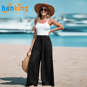 Ehanking, pantalones de pierna ancha para mujer, cómodos, transpirables, de cintura alta, con cordón, pantalones sueltos de pierna ancha - Product Image 1