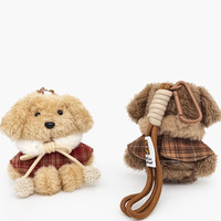 Breloque de sac en peluche chiot poncho à carreaux rouges esthétique, chien beige Kawaii avec nœud papillon, décoration de sac à dos pour filles