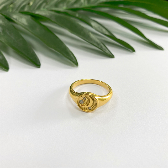 New 18k Gold Plated Stainless Steel Round Square Chunky Rings Unisex Vintage Moon Star Signet Ring Stone Zircon Finger Ring