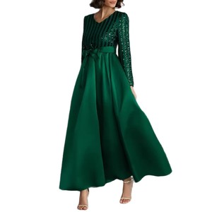 Vestido de noche largo verde con lentejuelas y cuello en V, con cinturón, de color sólido, para fiesta o banquete. - Product Image 4