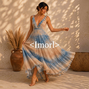 Vestido maxi de chifón tie-dye para mujer, con cuello en V profundo, sin mangas, cintura imperio, línea A, dobladillo con volantes, estilo bohemio, informal de verano - Product Image 4