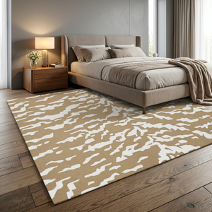 Tapis rectangulaire moderne en laine à imprimé animalier, beige et blanc, à poils plats, antidérapant, pour salon, avec envers en caoutchouc touffeté - Product Image 5