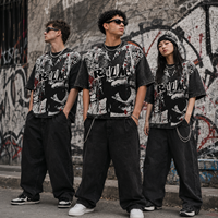 T-shirt imprimé intégral style Punk Grunge pour homme, en coton épais délavé à l'acide, coupe ample, streetwear, motif graphique vintage, tee-shirt oversize