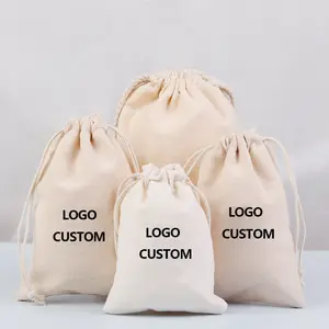 Promosyon yeniden kullanılabilir hediye takı paket ambalaj organik tuval büzgülü pamuklu çanta çift dize ile