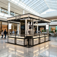 Kiosque à bijoux de luxe personnalisé pour centre commercial, comptoir d'exposition de bijoux en métal noir et blanc avec boîte à lumière LED pour centre commercial