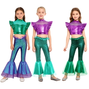 Disfraces de Sirena para Niñas de 6 a 16 Años, Tops Metálicos, Tops Cortos con Pantalones Acampanados, Conjuntos para Eventos y Juegos de Rol - Product Image 1
