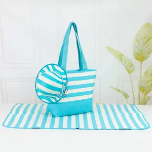 Outdoor Stylish Picnic Blankets Beach Mat Matching Striped Print Beach Set Woman Vacation Tote Hand Bag And Hat Set