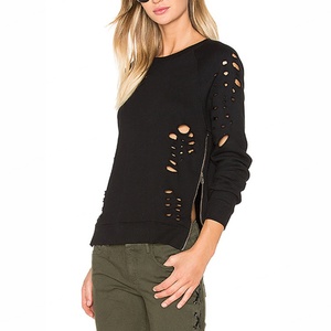 Black Olive Women Ripped Plain <b>T</b>-<b>shirts</b> Ladies Zipped Distressed Blank Tshirt Clothing Factories in China Wholesale Uk - Product Image 2