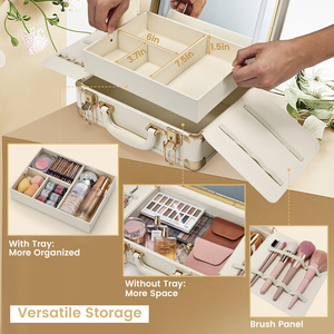 Leather <b>Makeup</b> <b>Case</b> with LED Mirror Lockable <b>Makeup</b> Box Organizer Large Capacity Cosmetic Train <b>Case</b> for <b>Makeup</b> Artist Nail Tech - Product Image 2