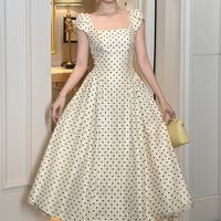 Robe midi vintage à col carré pour femme ZYHT 9073, taille naturelle, tissu tissé, imprimé à pois, robe d'été, nouvelle arrivée