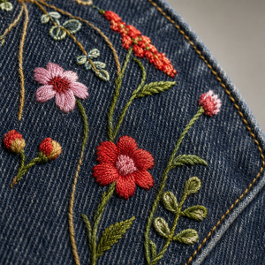 Jeans Vintage con Ricami Botanici a Gamba Larga per Donna, Pantaloni in <span class=keywords><strong>Denim</strong></span> con Cuciture Curve, Blu Scuro e Blu Chiaro - Product Image 4