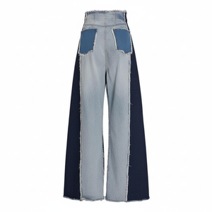 Jeans décontractés à coupe ample en denim effiloché, à jambes larges, à taille haute, jeans bleu baggy pour femmes, pantalons streetwear urbains à coupe droite - Product Image 1