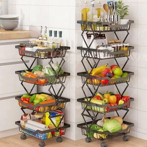 2024 New Design 4 Tier Stackable Collapsible Metal Wire <b>Kitchen</b> <b>Pantry</b> Fruit Vegetable Basket Trolley Storage Cart with Wheels - Product Image 4
