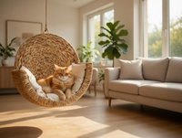 Stilvolles Katzenbett aus Rattan und Wasserhyazinthe - Atmungsaktiver, Gemütlicher Innenkorb für Haustiere