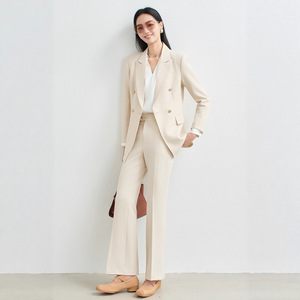 Women's Suit <b>Set</b> Apricot Color Double Breasted <b>Blazer</b> With Wide Leg Pants Casual Style Anti-Wrinkle Worsted Fabric - Product Image 1