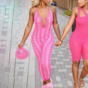 Sexy Dames Barbie Roze Streep Jumpsuits Diep V Holle Strakke Halter Jumpsuit Voor Dames