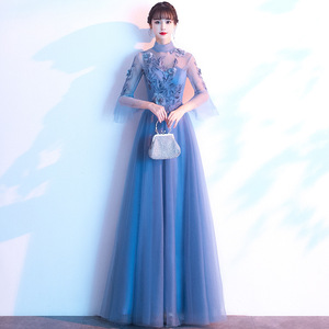 Blue Gray Long Evening Dress High Neck Empire Waist Polyester Fiber Party Wedding Banquet Dress - Product Image 3