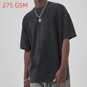 Penjualan terlaris grosir 275 GSM 100% katun tertekan asam antik dicuci Retro gaya jalanan pakaian mode kaus pria