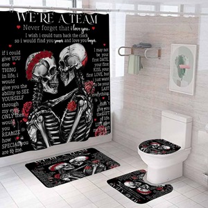 Rideau de Douche en Polyester Imprimé Numérique Motif Roses et Crânes Noirs, Imperméable, Personnalisable, Vente en Gros, Moderne - Product Image 1