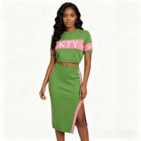 Ensemble deux pièces en tricot color block pour femme KTY, haut court en chenille et jupe midi fendue, tenue décontractée d'été à manches courtes