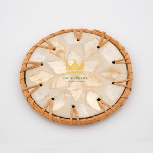 Handmade Rustic Round Shell Inlay Coaster Set Natural Rattan Beverage Mats Decorative Kitchen and Dining Accessories - Product Image 4