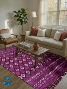 Alfombra de Algodón con Diseño Geométrico de Diamantes Púrpura, 4x6, Hecha a Mano con Borlas, Estilo Boho, para Decoración de Sala de Estar - Product Image 3