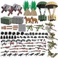 Ensemble d'accessoires de scène militaire de la Seconde Guerre mondiale à assembler : armes, casques, barrières, parachutes, chiens, pièces d'armes – Cadeau pour fans de scènes historiques à construire soi-même