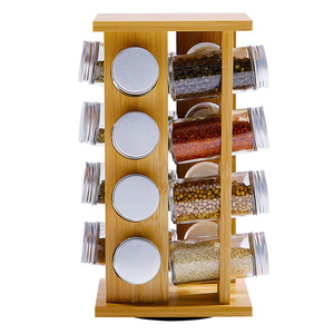Organisateur de rangement rotatif pour épices en bambou avec 16 bocaux en verre, support de rangement pour épices sur comptoir de cuisine - Product Image 1