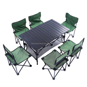 Conjunto de Mesa y Sillas Plegables para Acampar al Aire Libre, Moderno, de Aluminio con Panel de Madera Estilo Negro, Muebles de Exterior para 6 Personas - Product Image 1