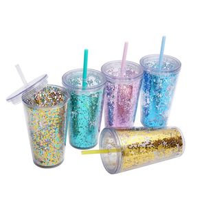 RTS Stock 16Oz 480Ml Glitter Sequin Double-Layer <b>Plastic</b> <b>Straw</b> Cup Flat Lid Milk Tea Cold <b>Drink</b> Tumbler Mug Cup With <b>Straw</b> - Product Image 1