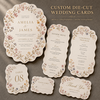Cartes de menu de mariage à bords festonnés ondulés, motif floral, papier texturé personnalisé multi-tons aquarelle fleurs sauvages