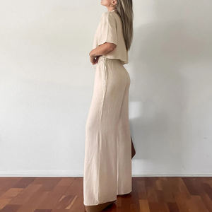 طقم كتان مخصص نسائي صيفي بنطال كتان واسع الساق طقم للنساء كاجوال توبات نسائية طقم كتان قطعتان - Product Image 4