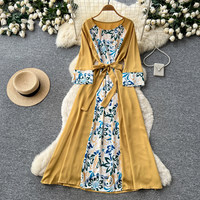 Robe longue maxi décontractée pour femme WIWT, à imprimé floral, manches 3/4, avec ceinture, pour un usage quotidien