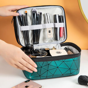 Bolsa de maquillaje portátil de doble capa con compartimento superior transparente para mujer, estuche de almacenamiento de cosméticos, forro de nailon impermeable - Product Image 3