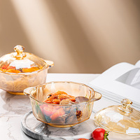 Pot en verre cristal ambré Diamond Claypot avec couvercle, bol à nouilles instantanées, saladier avec couvercle, pot en verre à double anse, couleur fauve, pour la maison