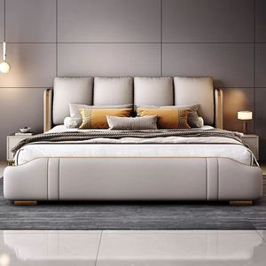 Nueva cama nórdica ligera de lujo, cama de cuero de vaca de gama alta para dormitorio, cama de almacenamiento King Size sencilla y barata para venta al por mayor - Product Image 1