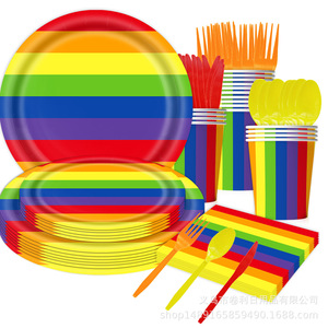 Articles de fête arc-en-ciel, assiettes en papier, gobelets, serviettes, fourchettes, cuillères, ensemble de décoration de fête d'anniversaire jetable, 5-7 ans - Product Image 1