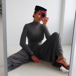 Mono personalizado 2026 para mujer, cuello alto, manga larga, asimétrico, plisado, vestido de club, conjunto de pierna ancha para mujer - Product Image 6