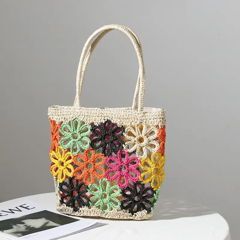 Bolsa De Playa Eco Friendly Straw Bag Beach Holiday Straw Tote Bag Colored Hollow Out Flower Lady Basket Shoulder Bags