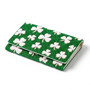 HASAN CRAFT <b>Green</b> Clover Pattern Glass Fabric Beaded <b>Clutch</b> Rectangle Handmade Multifunctional Storage <b>Bag</b> Large Capacity Single - Product Image 1