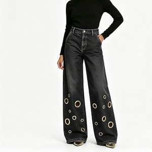 Jeans da <span class=keywords><strong>Donna</strong></span> a Gamba Larga con Occhielli Metallici, Chiusura a <span class=keywords><strong>Bottoni</strong></span>, Taglio Dritto, Non Elasticizzati, Stile Americano Casual, Lavati, Sehe Fashion - Product Image 4