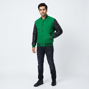 Chaqueta Varsity Personalizada de Lana Verde con Mangas de Cuero Negro y Ribete en Contraste para Hombre y Mujer - Product Image 1