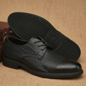 <b>Men</b> Summer Breathable Perforated Leather Oxfords Pointed Toe Office Career <b>Dress</b> Shoes Genuine Leather Upper Lace-up Style - Product Image 3