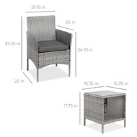 Ensemble bistrot 3 pièces en rotin PE, mobilier de conversation d'extérieur en osier avec coussins et table d'appoint à plateau en verre pour balcon, véranda, jardin