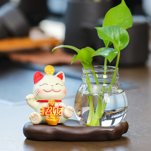 Figurine de chat porte-bonheur, ensemble de plantes hydroponiques, décoration de bureau en résine Feng Shui, ensemble multi-pièces, cadeau du Nouvel An chinois - Product Image 4