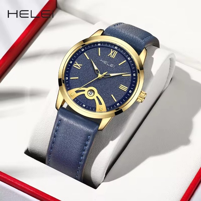 Helei H9009C-L Waterproof Genuine Leather Calendar Reloj for Men's Luxury Quartz Fashion Roman Numeral Luminous Hands Watch